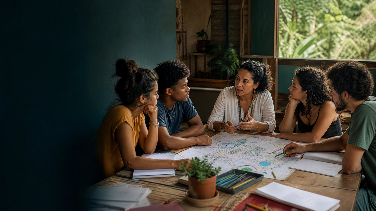 Estudantes universitários conversam com educadora comunitária durante planejamento de uma atividade