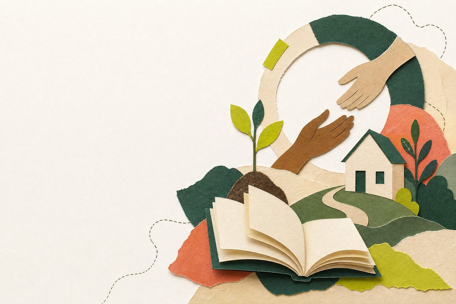 Colagem em papel que representa educação, comunidade e um caminho de impacto